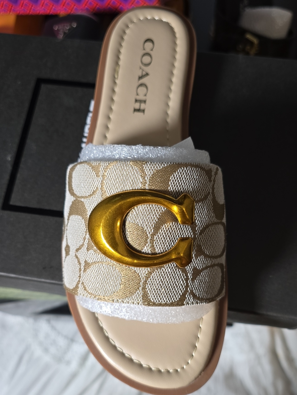 Coach Gold C Logo Beige Signature Slide Sandal